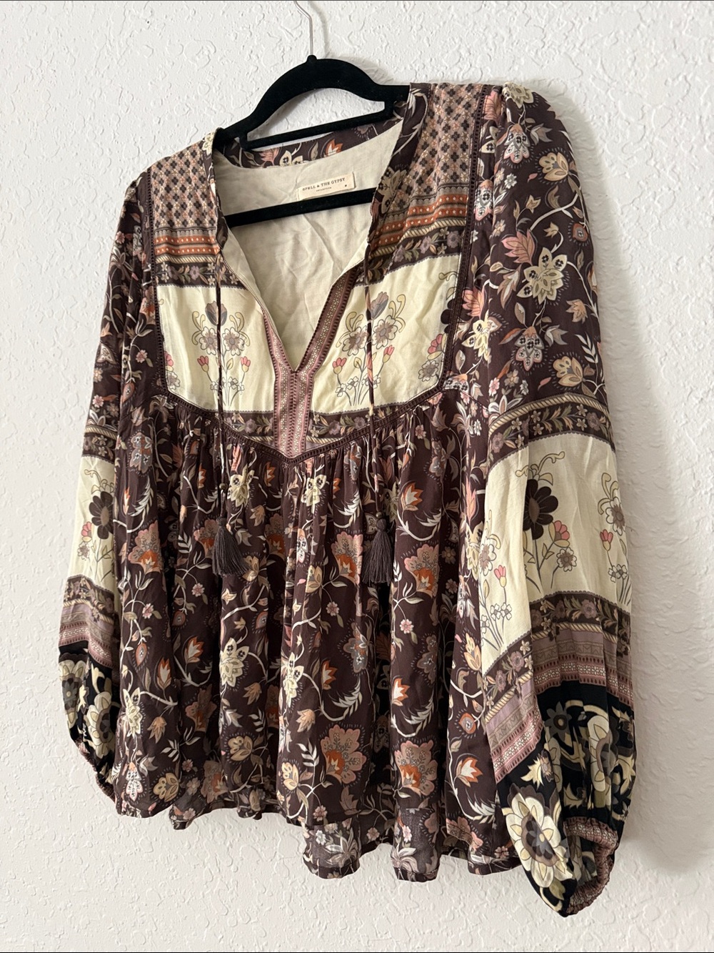 Spell Designs Portobello Road Brown and Cream Floral Peasant Blouse - M AS IS
